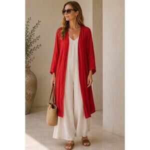 MAN IN THE STUDIO Oversized Longline Linen Cardigan Jacket Red OS NWT {PP52}